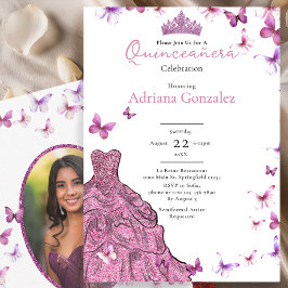 Invitación Pink Butterflies Dress and Tiara Photo Quinceanera