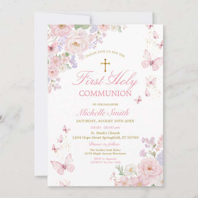 Invitación Pink Butterflies Dusty Floral First Holy Communion (Anverso)