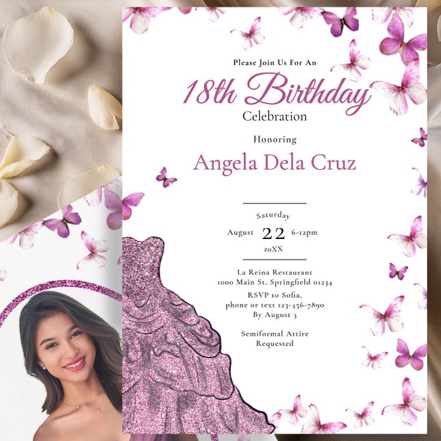 Invitación Pink Butterflies Fancy Dress 18th Birthday Debut (Subido por el creador)