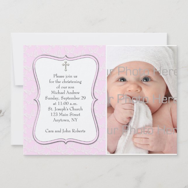 Invitación Pink Butterflies Religious Photo Card (Anverso)