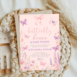 Invitación pink Butterfly Kisses ribbon bow baby shower