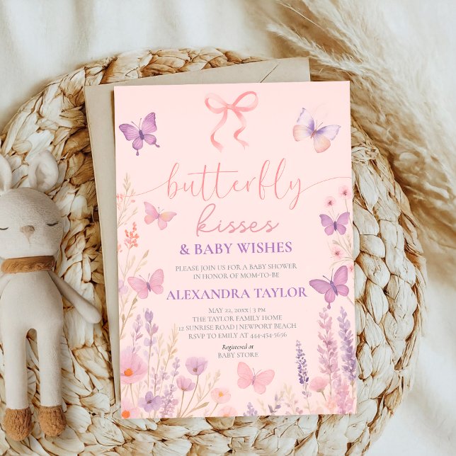 Invitación pink Butterfly Kisses ribbon bow baby shower (Subido por el creador)