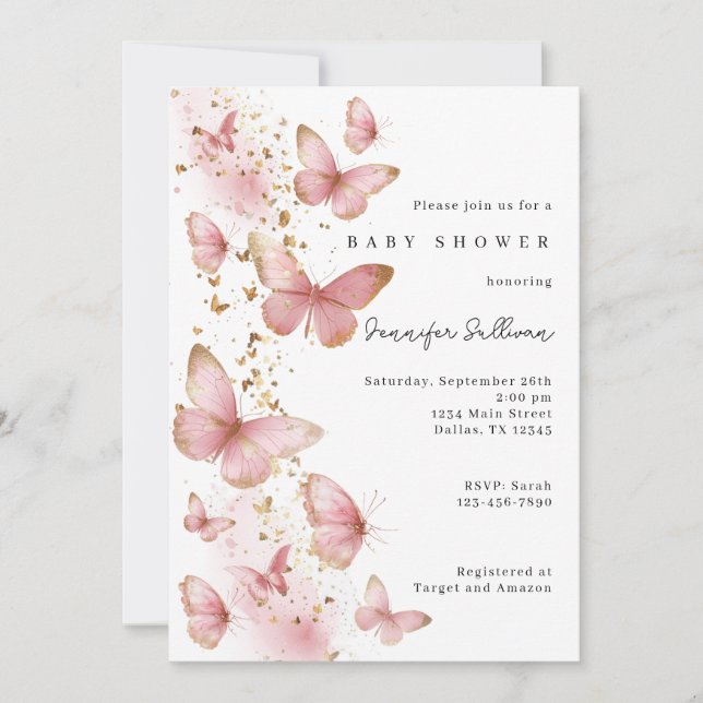 Invitación Pink Butterfly Minimalist Baby Shower Invitation (Anverso)