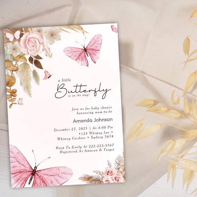 Invitación Pink Butterfly Pampas Grass Bohemian Baby Shower  (Subido por el creador)