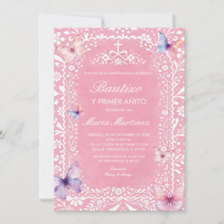 Invitación Pink Butterfly Spanish Girl Bautizo Y Primer Anito