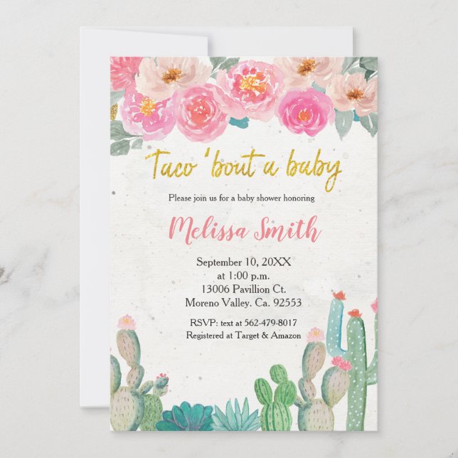 Invitación Pink Cactus floral Baby Shower Taco Bout Baby (Anverso)