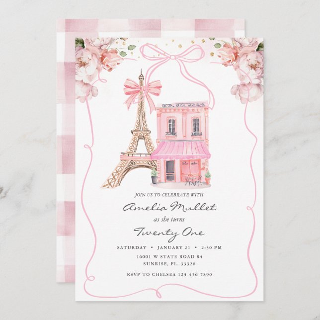 Invitación Pink Cafe Paris Bow Eiffel Tower Cualquier cumplea (Anverso / Reverso)