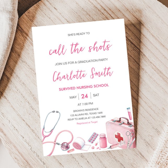 Invitación Pink Call the Shots Enfermería Graduation Party (Call the Shots Nursing Graduation Party Invitation)