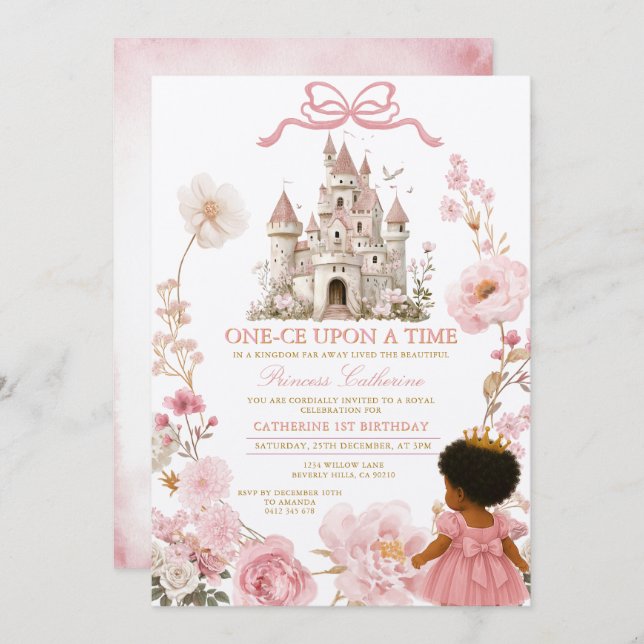 Invitación Pink Castle Princess One-ce Upon A Time Birthday I (Anverso / Reverso)