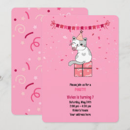 Invitación Pink Cat Kids Birthday Party