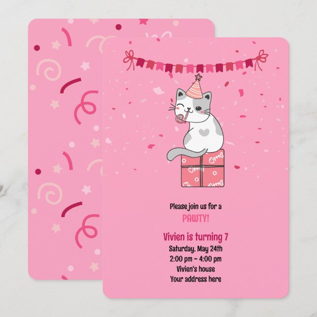 Invitación Pink Cat Kids Birthday Party (Anverso / Reverso)