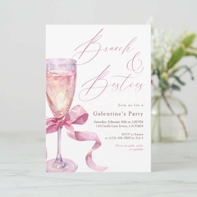 Invitación Pink Champagne Bow Brunch & Besties Galentine’s  (Anverso de pie)