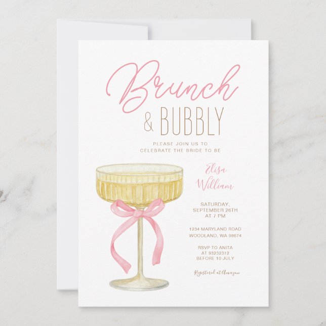 Invitación Pink Champagne Brunch & Bubbly Bridal Shower (Anverso)
