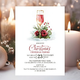 Invitación Pink Champagne Christmas Dinner and Drinks