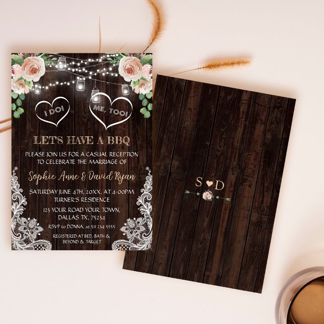 Invitación Pink Champagne Floral String Lights Barn I DO BBQ (rustic we said I do bbq, boho floral wood wedding bbq invite, trendy lace floral I do bbq invite)