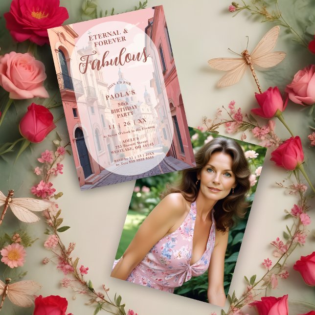 Invitación Pink Charming Ancient Cityscape Oval Translucent (Pink Charming Ancient Cityscape 50th Birthday Invitation Card with Oval Translucent Overlay. )