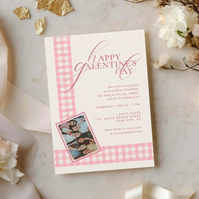 Invitación Pink Check Minimal Elegant Typography Galentine's (Subido por el creador)
