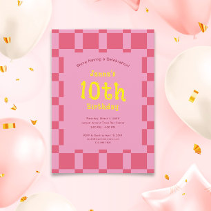 Invitación Pink Checkered Pattern Cute Chica Cumpleaños