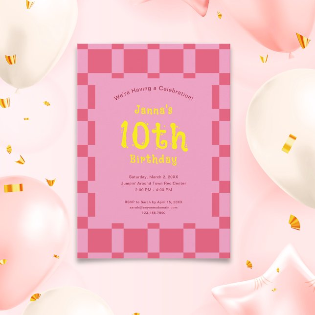 Invitación Pink Checkered Pattern Cute Chica Cumpleaños (Pink Checkered Pattern Cute Girl Birthday Invitation)