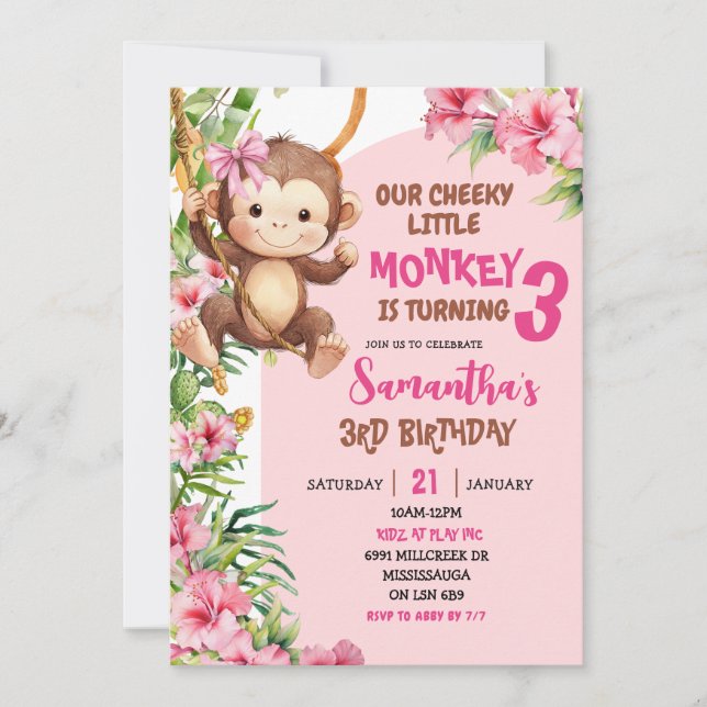 Invitación Pink Cheeky Little Monkey Savannah Theme Birthday (Anverso)