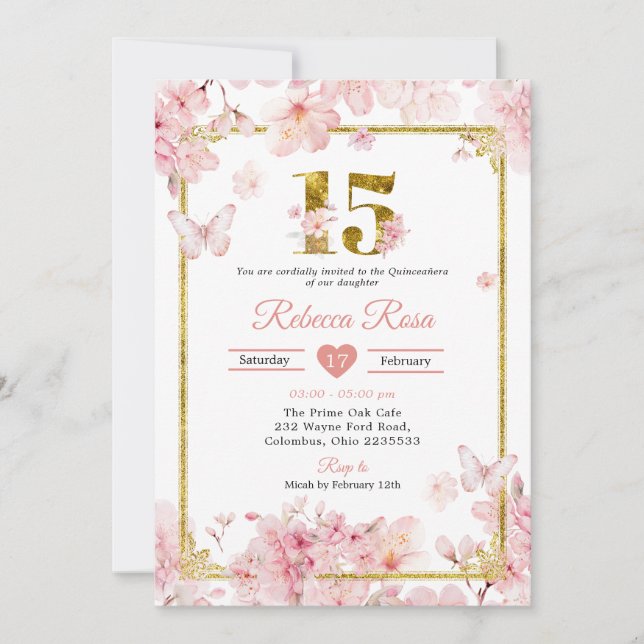 Invitación Pink Cherry Blossom Sakura Gold 15th Quinceañera (Anverso)