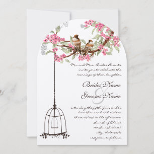 Invitación Pink Cherry Blossom Vintage Birds Boda de la jaula