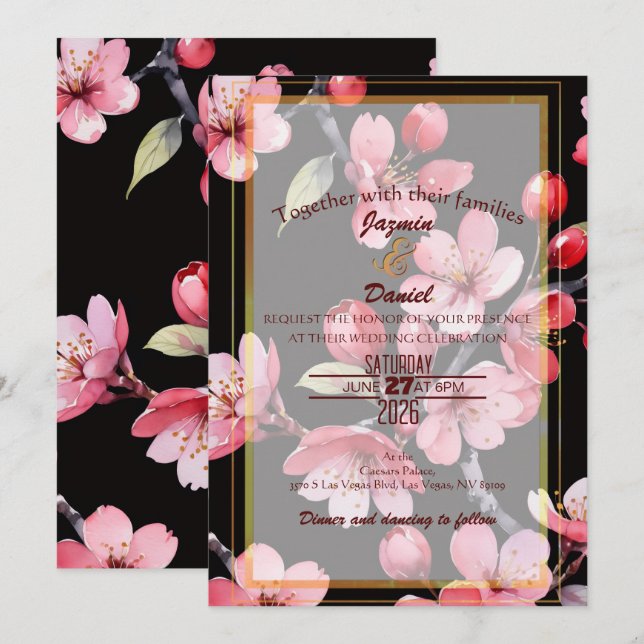 Invitación Pink Cherry Blossoms Black Backgroud  Invitation (Anverso / Reverso)