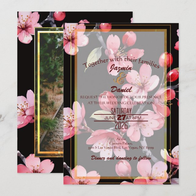Invitación Pink Cherry Blossoms Black Photo Box Invitation (Anverso / Reverso)
