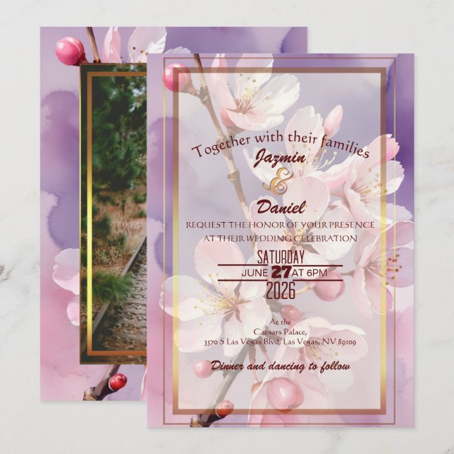 Invitación Pink Cherry Blossoms/ Lavender Photo Box  (Anverso / Reverso)