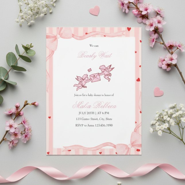 Invitación  Pink Cherub Bearly Wait Baby Shower Invitation (Subido por el creador)