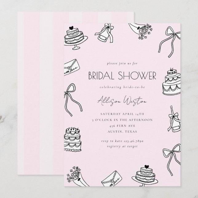 Invitación Pink Chic Bows Cakes and Champagne Bridal Shower (Anverso / Reverso)