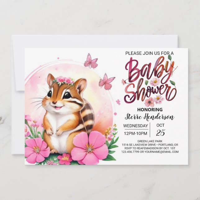Invitación Pink Chipmunk Bliss Whimsical Chica Baby Shower (Anverso)