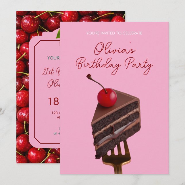 Invitación Pink Choco Cherry Cake 21st Birthday Invitation (Anverso / Reverso)