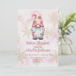 Invitación Pink Christmas Gnome Gold Snowflakes Baby Shower