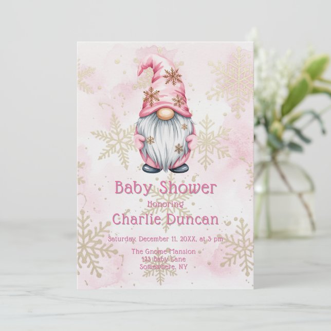 Invitación Pink Christmas Gnome Gold Snowflakes Baby Shower (Anverso de pie)