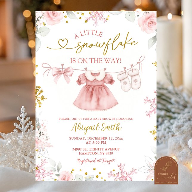Invitación Pink Christmas Snowflake clothesline Baby Shower (Subido por el creador)