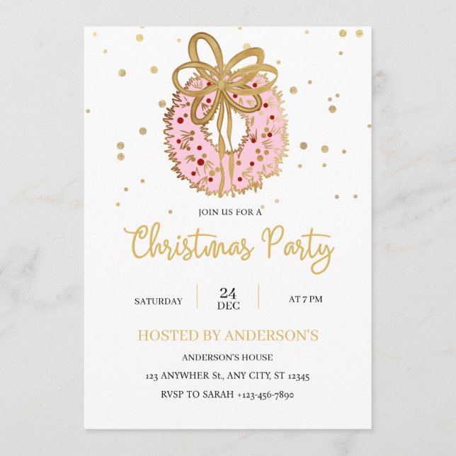 Invitación Pink Christmas Wreath With gold bow  (Anverso)
