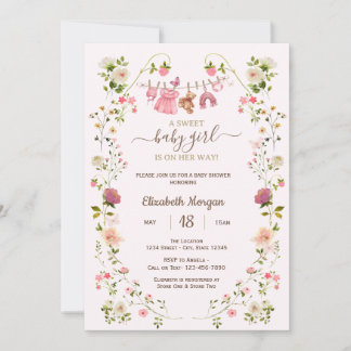Invitación Pink Clothesline Wildflowers Baby Shower