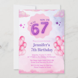Invitación Pink Cloud “I Was 6 Now I’m 7” Girl Birthday
