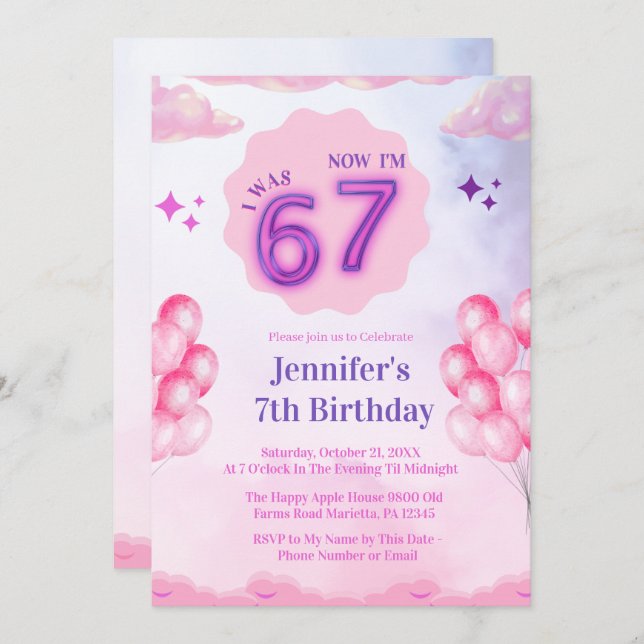Invitación Pink Cloud “I Was 6 Now I’m 7” Girl Birthday (Anverso / Reverso)