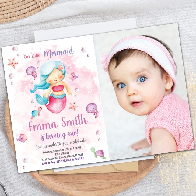 Invitación Pink Cloud Mermaid Birthday Invitations with photo (Pink Cloud Mermaid Birthday Invitations with photo)