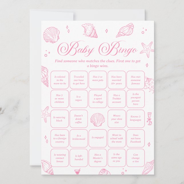 Invitación Pink Coastal Baby Shower Find the Guest Bingo Game (Anverso)