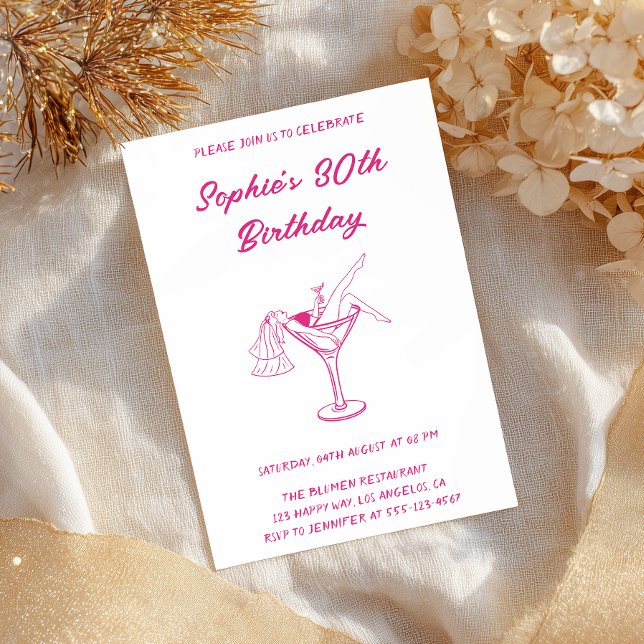 Invitación Pink Cocktail Party 30th Birthday | Retro Martini  (Subido por el creador)