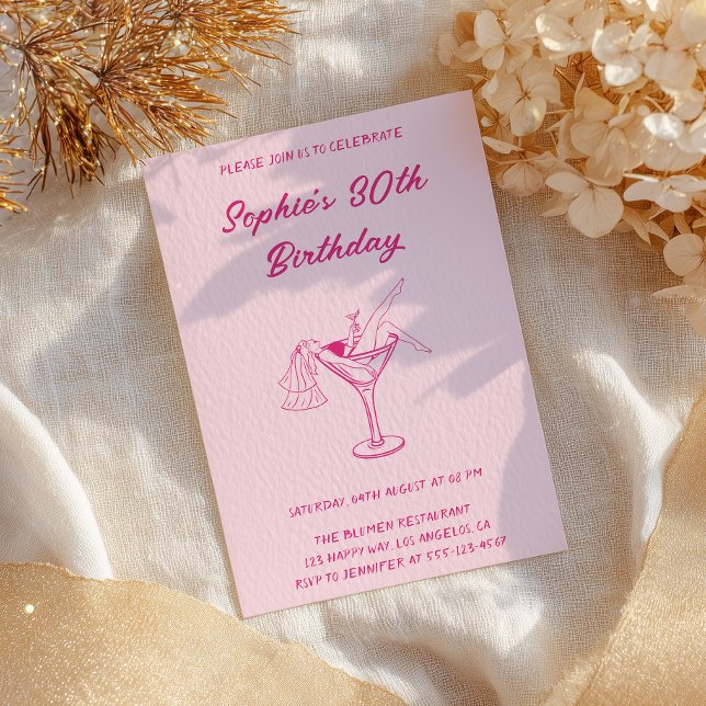 Invitación Pink Cocktail Party 30th Birthday | Retro Martini  (Subido por el creador)