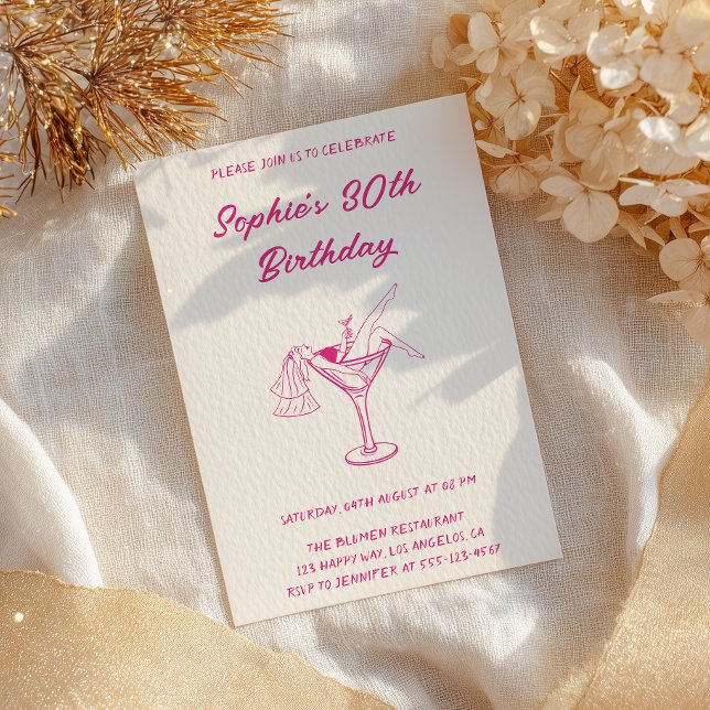 Invitación Pink Cocktail Party 30th Birthday | Retro Martini  (Subido por el creador)