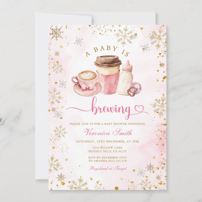 Invitación Pink Coffee Winter Snowflakes Latte Baby Shower (Anverso)