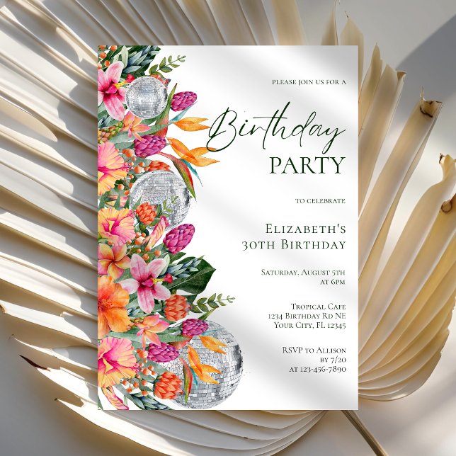 Invitación Pink Colorful Tropical Flowers Disco Ball Birthday (Subido por el creador)
