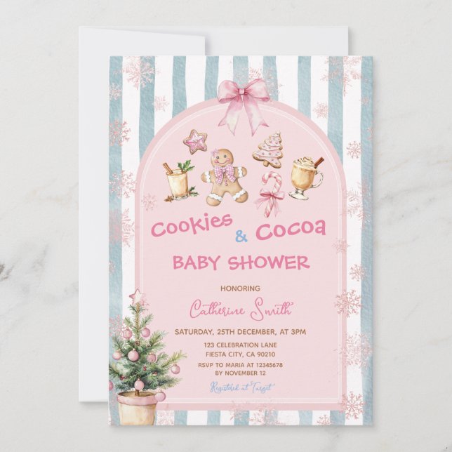 Invitación Pink Cookies and Cocoa Snowflakes Baby Shower  (Anverso)