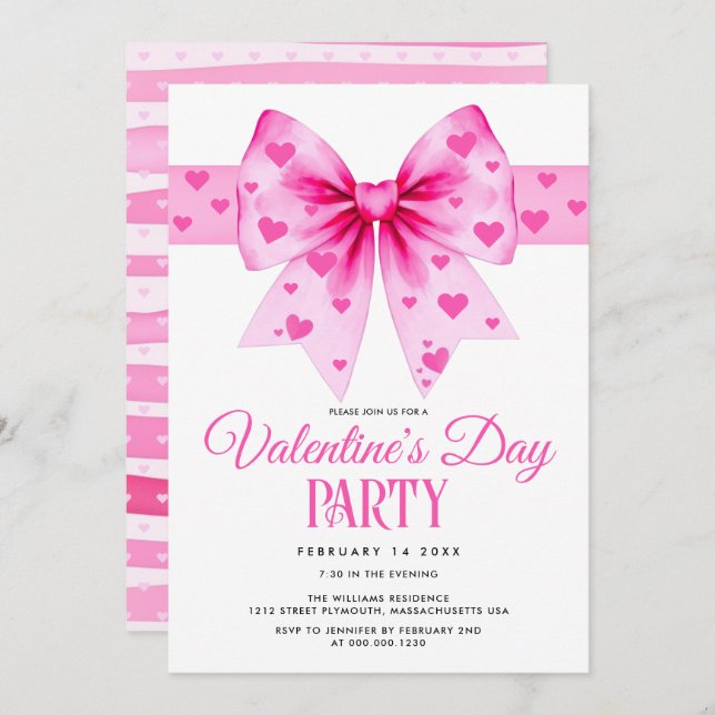 Invitación Pink coquette bow and hearts Valentine's Day party (Anverso / Reverso)