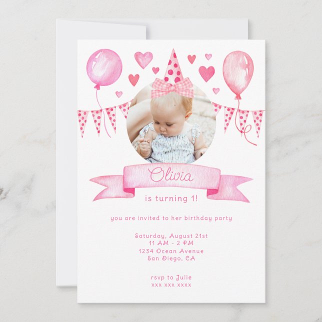 Invitación Pink Coquette Bow Baby Girl Birday Party (Anverso)